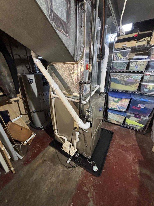 Successfully installed a new Carrier furnace system in basement utility area, including proper connection of all ductwork, PVC ventilation piping, and electrical components. Unit was mounted on a platform with condensate drain lines properly routed and all manufacturer specifications verified for optimal system performance.