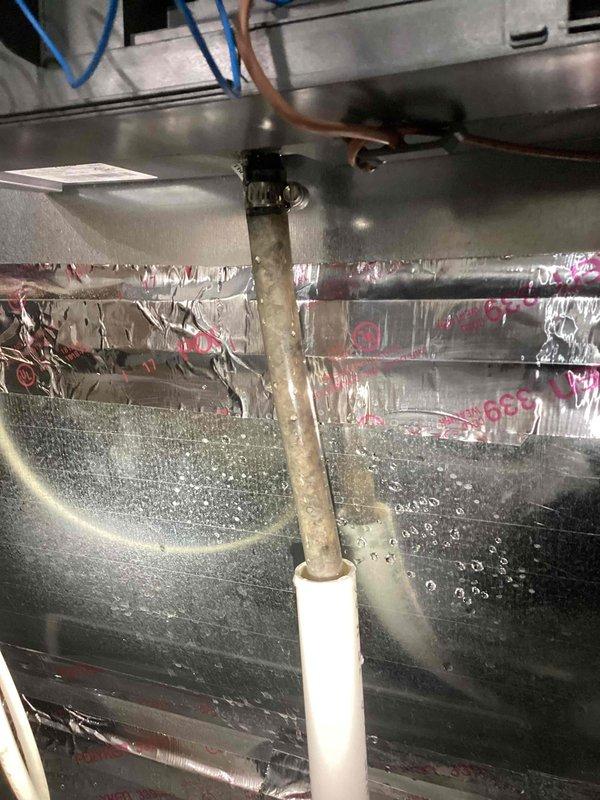 Responded to water leak report at 8-year-old TRA furnace system showing moisture under unit. Inspection revealed condensation forming on refrigerant line insulation and drain assembly. System remains fully operational with no impact to heating and cooling functions.