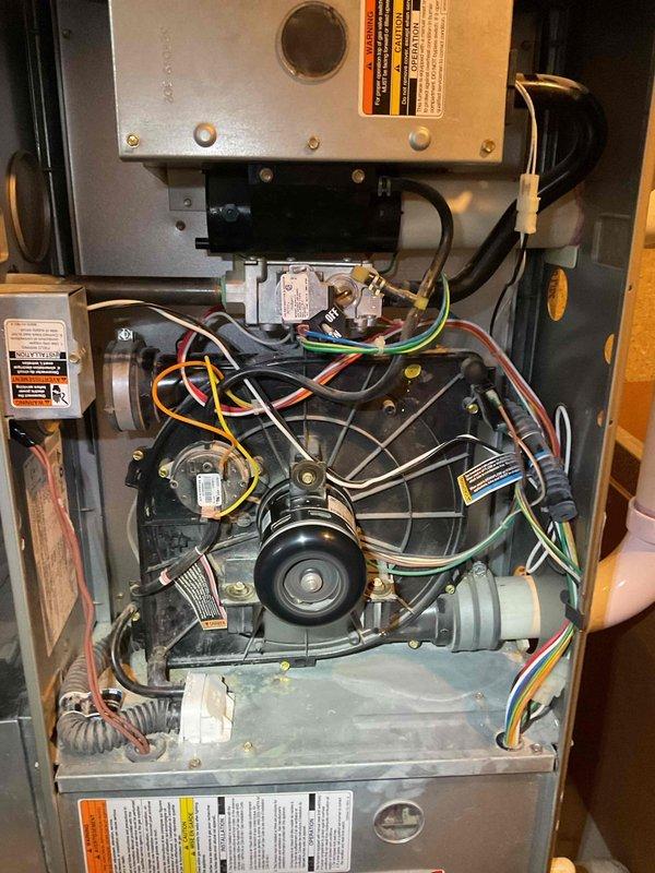 Performed annual heating service on a 14-year-old furnace. Removed and thoroughly cleaned severely dust-caked blower wheel to restore proper airflow and system efficiency. Completed comprehensive furnace tune-up with all components now functioning normally.