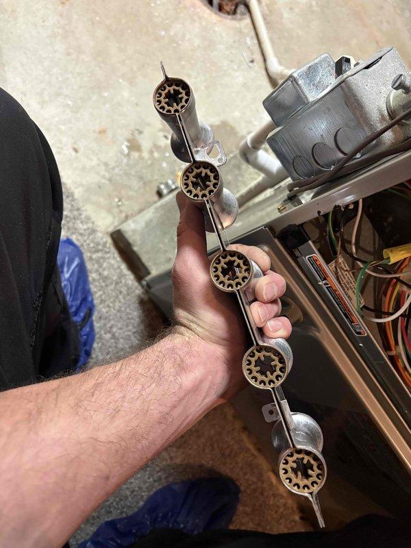 Performed annual maintenance on 11-year-old Carrier furnace. Removed and inspected burner assembly, which showed normal wear but remains in good working condition. System includes a humidifier that was checked during service. All components cleaned and reinstalled with proper operation verified.