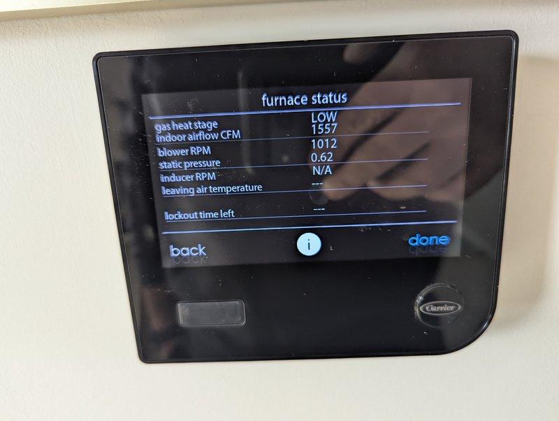 Responded to second service call for 6-year-old Carrier heat pump system failing to reach set temperature. Diagnostic testing revealed excessive static pressure (0.62) causing system to stage down as evidenced by error code 161 in system event log. Adjusted airflow to resolve static pressure issue and verified system now operating properly with heat pump maintaining appropriate temperature.