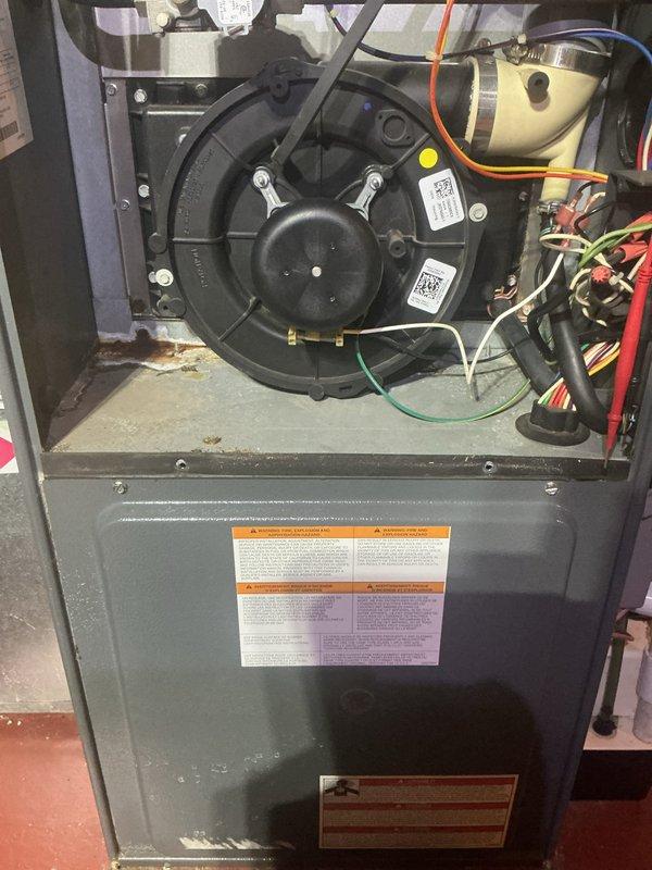 Performed annual heating maintenance on 18-year-old Goodman furnace. Inspected blower motor assembly, electrical connections, and condensate system. No issues identified with the unit; system is functioning properly without the humidifier which is not currently on service plan.