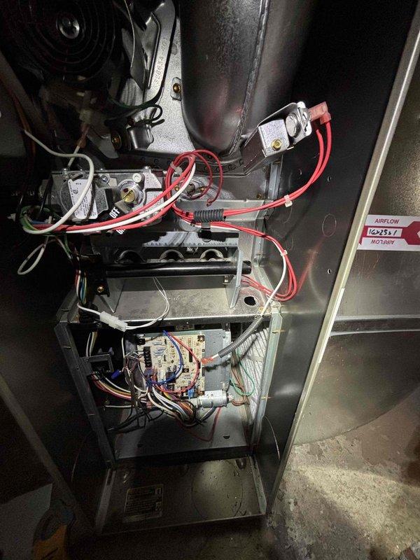 Completed annual heating maintenance on furnace and humidifier system (6-year service). Inspected internal electrical components including circuit board connections, blower motor assembly, and wiring integrity. All systems functioning properly with no issues identified.