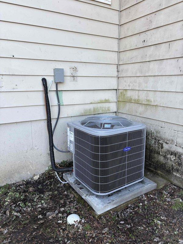 Successfully completed installation of a new Carrier AC unit, furnace, and water heater as per agreement. AC unit was properly mounted on concrete pad with appropriate electrical connections and insulated line set. Water heater was installed in basement with copper piping connections to existing plumbing system. All systems were tested and confirmed to be functioning correctly.