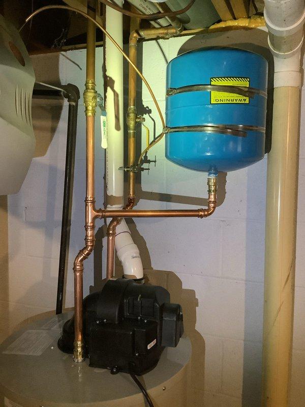 Installed a 50-gallon power-vented natural gas water heater with powered anode rod, including a new domestic hot water expansion tank and upgraded recirculation pump. Properly secured all components with appropriate strapping and verified proper operation of the entire system. Completed work to code with all necessary connections to existing copper piping infrastructure.