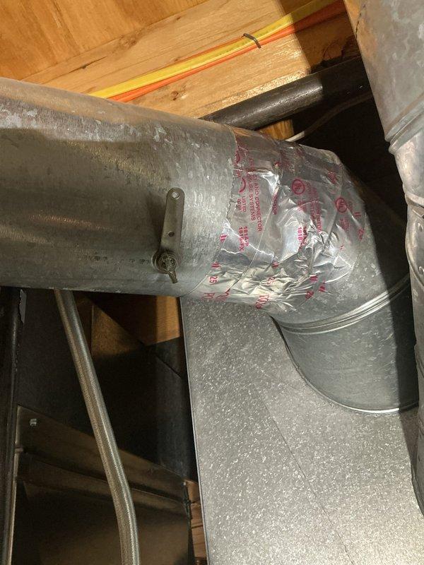 Performed scheduled FSTU on customer's end-unit condo furnace. Inspected and verified integrity of galvanized metal ductwork in attic space, paying particular attention to 90-degree connections and joint seals. Confirmed proper installation of duct tape seals at critical junction points and checked security of mounting brackets where ductwork connects to the building's structural elements.