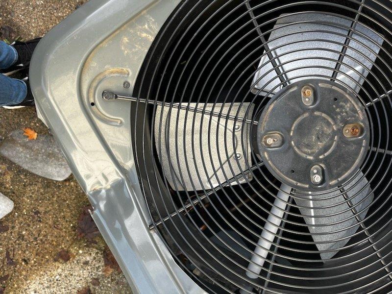 Responded to service call for damaged condenser unit. Upon inspection, identified impact damage to the outdoor unit from fallen ice. Documented damage with photos and notified customer that assessment is needed to determine if repair is possible or if full replacement will be required.