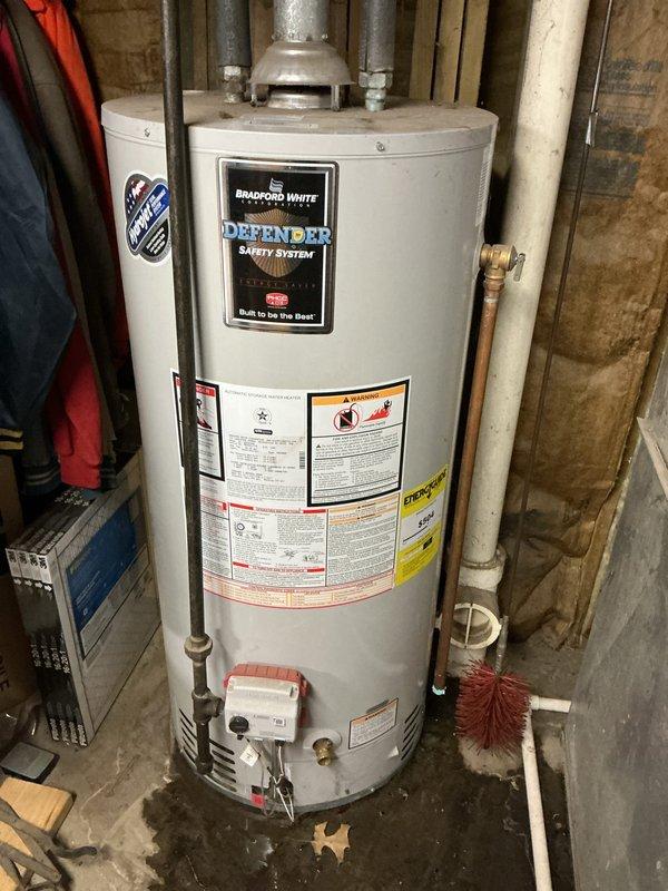 Diagnosed Bradford White water heater with active leak at bottom of tank, indicating tank failure. Documented condition with photos showing the installation environment and unit specifications. Advised customer that complete replacement is required as tank leaks are not repairable.