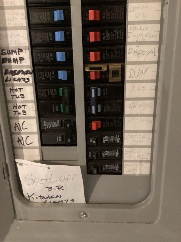 Inspected electrical panel and junction box per home inspection requirements. Found circuit breaker panel properly installed with labeled circuits for major appliances including sump pump, hot tub, AC, and kitchen circuits. Verified wiring connections in exposed junction box located in unfinished area with OSB panels; all connections appeared secure with no visible damage or deterioration.