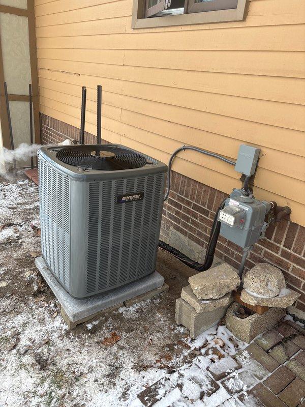 Successfully completed installation of new furnace and AC system at residential property. Installed outdoor condensing unit on concrete pad with proper electrical connections, and mounted indoor furnace unit on platform with PVC intake/exhaust ventilation system. All components properly installed, tested, and verified operational with client.