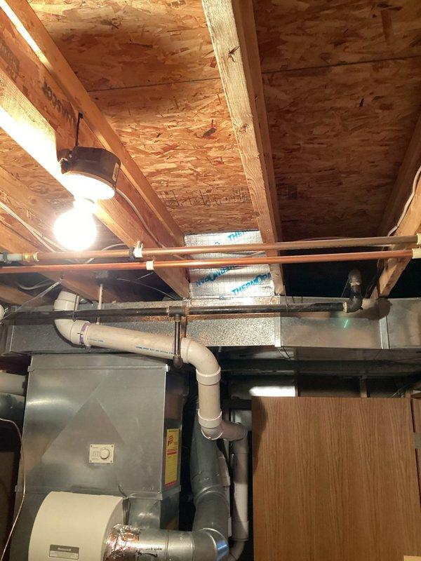 Responded to a gas leak service call in customer's home plumbing system. Inspected the 2020 EnergiAir furnace system which had previously received a temporary fix from DTE. Completed permanent repair of the gas line, ensuring proper connections and sealing at junction points. System tested and confirmed operational with no further leaks detected.