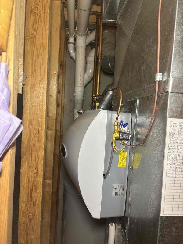 Successfully installed new Aprilaire humidifier on client's HVAC system per specifications. Relocated water line to hot water side and repositioned humidistat 6" higher above the new unit. System was properly connected to existing ductwork and tested to ensure proper functionality.