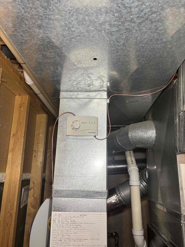 Successfully installed new Aprilaire humidifier on client's HVAC system per specifications. Relocated water line to hot water side and repositioned humidistat 6" higher above the new unit. System was properly connected to existing ductwork and tested to ensure proper functionality.