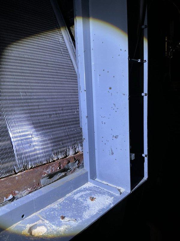 Completed annual heating service on a 12-year-old furnace and humidifier system. Inspected air handling unit, noting dust accumulation on the fan blades and housing. Observed some debris and discoloration on the filter frame and mesh, suggesting regular maintenance is required to maintain optimal system performance.