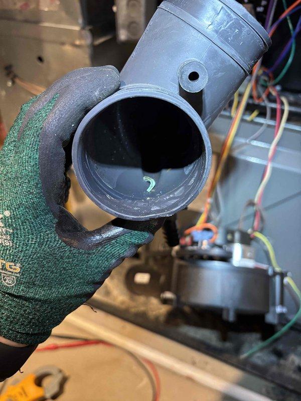 Responded to noise complaint regarding furnace making progressively louder motor sounds and temperature imbalance in one bedroom. Inspected PVC condensate drain system and identified blockage causing water backup. Cleared obstruction, verified proper drainage, and performed air handler tune-up to restore normal operation and balanced airflow.