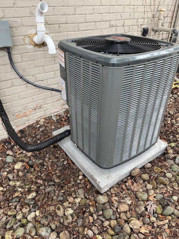 Successfully completed installation of new furnace and air conditioning system as scheduled. Installed furnace unit on platform with proper PVC venting and connected to existing ductwork in utility area. Mounted AC condensing unit on concrete pad with appropriate refrigerant line connections and drainage setup.