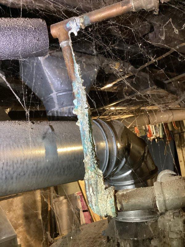 Performed annual heating maintenance on 8-year-old furnace. Inspected internal components including circuit board and wiring connections. Noted significant copper pipe corrosion with blue-green oxidation in the crawl space/basement area, suggesting possible water leakage or high humidity conditions that require attention.