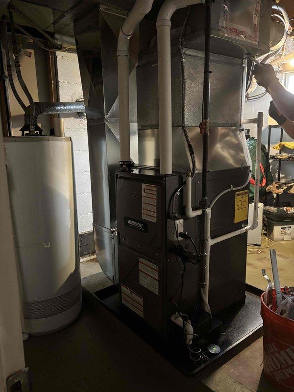 Successfully installed new furnace unit in basement utility room, connecting to existing ductwork system with proper PVC venting. Completed all required installation procedures and verified system operation before departure.