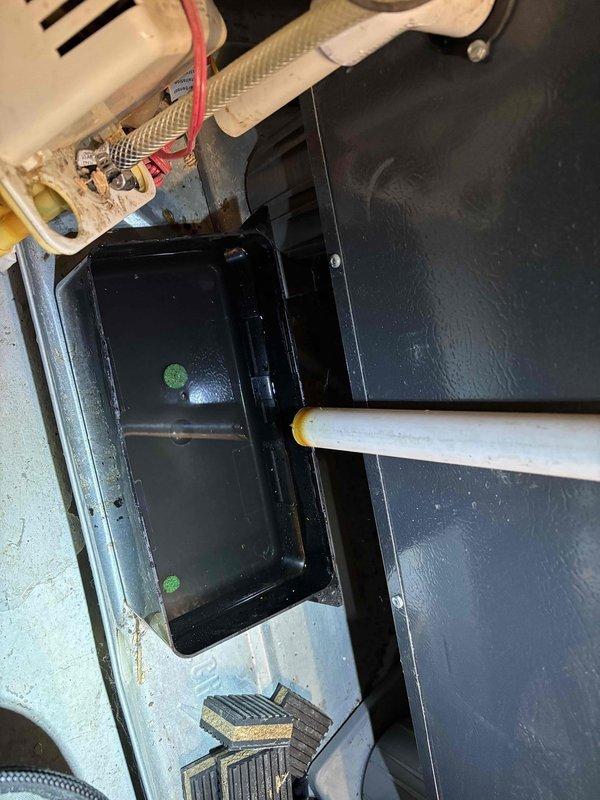 Performed annual tune-up on 9-year-old Goodman furnace. Inspected interior components including drain pan which showed signs of algae growth. Documented condition with photos of mechanical components and drainage system for service records.