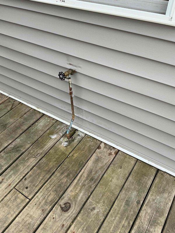 Responded to service call for burst exterior spigot. Inspected basement shut-off valve and plumbing system serving the outdoor hose bib. Replaced damaged section of copper supply line and installed new frost-free sillcock with proper solder joints to prevent future freezing issues.