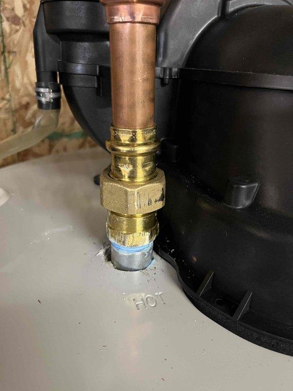 Successfully completed the aluminum anode rod replacement on water heater as quoted. Verified proper connection of copper pipes and brass fittings at the hot water outlet. System was tested and is functioning correctly with no leaks observed at connection points.