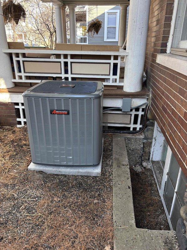 Successfully installed a complete HVAC system consisting of an Amana outdoor condenser unit on a concrete pad with proper line connections and a new indoor furnace with air handler in the basement. System includes dual PVC ventilation piping with appropriate ceiling connections, and all components were verified operational upon completion.