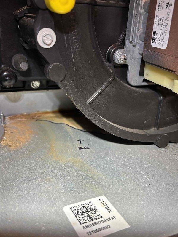 Completed annual furnace tune-up on 15-year-old system as part of scheduled maintenance. Inspection revealed significant rust and corrosion at component junction points, particularly on the heat exchanger assembly. Documented deterioration with photos for service records and advised monitoring of affected areas.