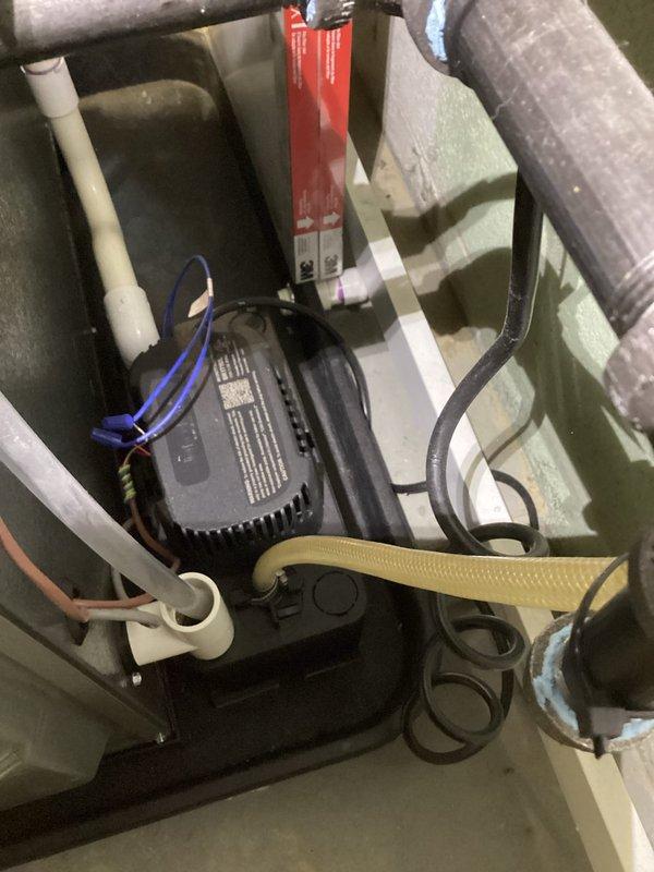 Completed annual heating tune-up service on EnergiAir WT 03-2034 furnace system (1-year-old unit). Inspected circulation pump and electrical connections; all components operating normally with no current issues identified. Documented system condition with photos of pump assembly and associated plumbing connections.