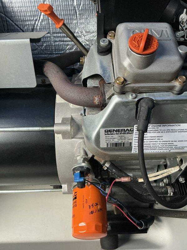 Performed 10-year tune-up service on Generac generator, which included inspection of engine components, oil filter, and electrical connections. All systems were verified to be in proper working condition with no visible damage or deterioration noted. Completed manufacturer-recommended preventative maintenance procedures to ensure continued reliable operation.