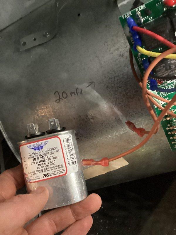 Performed complimentary annual heating service on 10-year-old EnergiAir furnace. Inspected and replaced failing 10.0 MFD capacitor with new unit to ensure proper system operation. Documented condition of control board and electrical connections, noting all components now functioning within specifications.