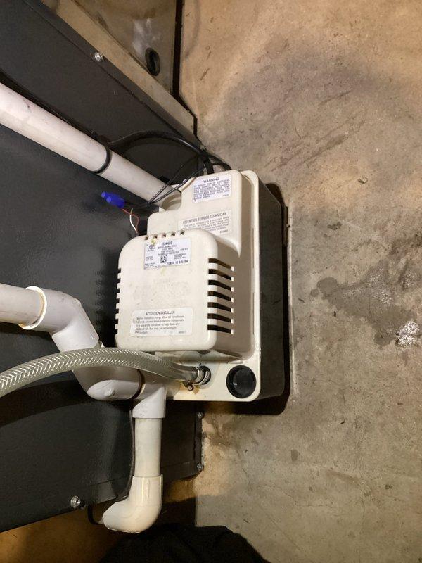Completed annual heating maintenance service on a 12-year-old furnace with humidifier. Inspected condensate pump system and found water accumulation in the drain pan. Cleaned the pump, verified proper drainage, and confirmed all connections were secure. System is now operating efficiently with proper condensate removal.