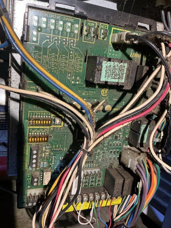 Performed annual maintenance on 12-year-old Lennox furnace. Inspected electrical connections and ECM drive board, ensuring proper operation. No humidifier present in home as noted by home warranty coverage. System functioning correctly after tune-up service.