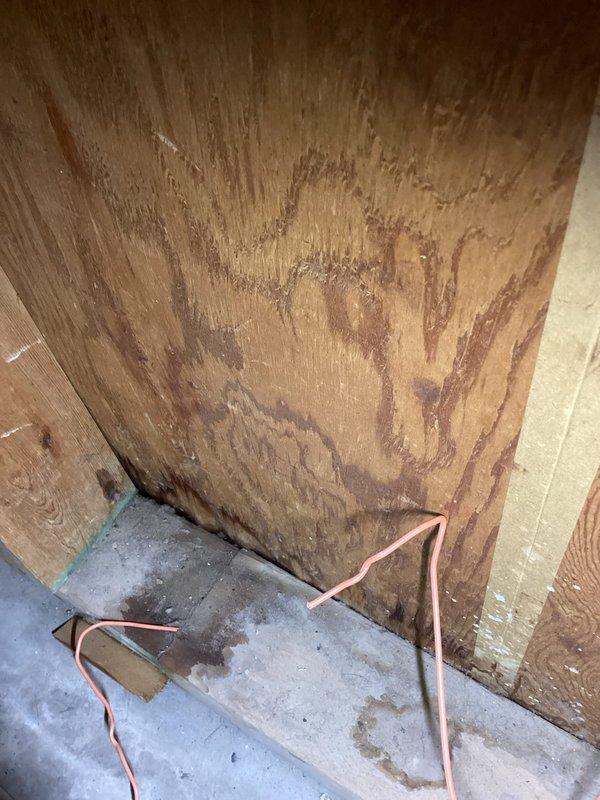Responded to water leak service call for 0-year-old Carrier WT 10-2035 furnace. Inspection revealed significant water damage to wooden wall panel near unit with visible moisture on concrete floor. Documented extensive water staining along wood grain indicating prolonged exposure.