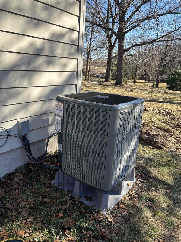 Completed installation of new furnace and air conditioning system in residential property. New AC unit was properly mounted on concrete pad with electrical connections secured to exterior of home. High-efficiency furnace was installed in utility area with all required ductwork, PVC venting, and drainage components correctly connected and tested for proper operation.