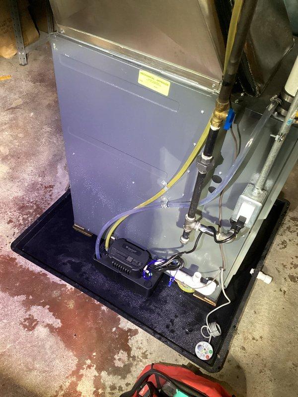 Responded to a water leak complaint from customer's furnace system. Upon inspection, identified condensate drainage issue from the 3-year-old Energy furnace. Repaired damaged condensate line and verified proper drainage, ensuring the heating system continued to function correctly with no further leakage.