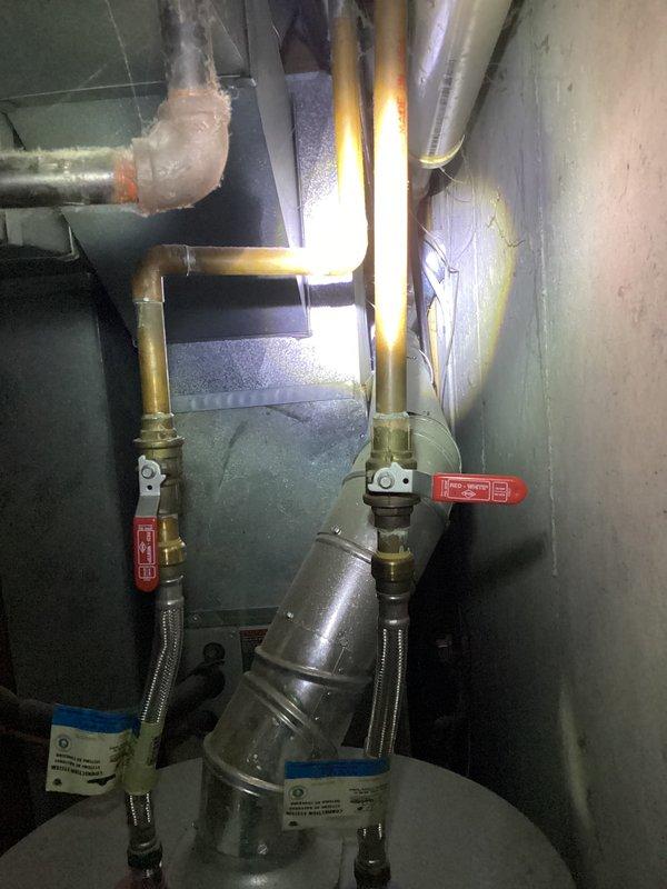 Diagnosed 6-year-old water heater with dual issues: active leak and pilot light failure resulting in complete system shutdown. Inspected copper plumbing connections and flue ventilation system. Documented condition of tank and surrounding utility space for assessment of replacement options.