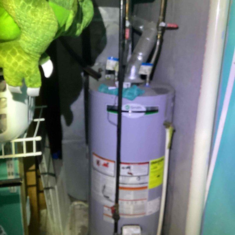 Diagnosed 6-year-old water heater with dual issues: active leak and pilot light failure resulting in complete system shutdown. Inspected copper plumbing connections and flue ventilation system. Documented condition of tank and surrounding utility space for assessment of replacement options.