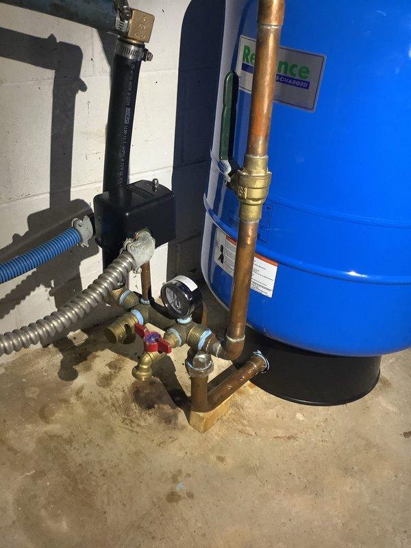Installed customer-supplied Reliance bladder tank as per quoted repair. Completed all necessary copper pipe connections, fitted pressure gauge, and installed valves for proper system function. System tested and confirmed operational within 2-hour timeframe.