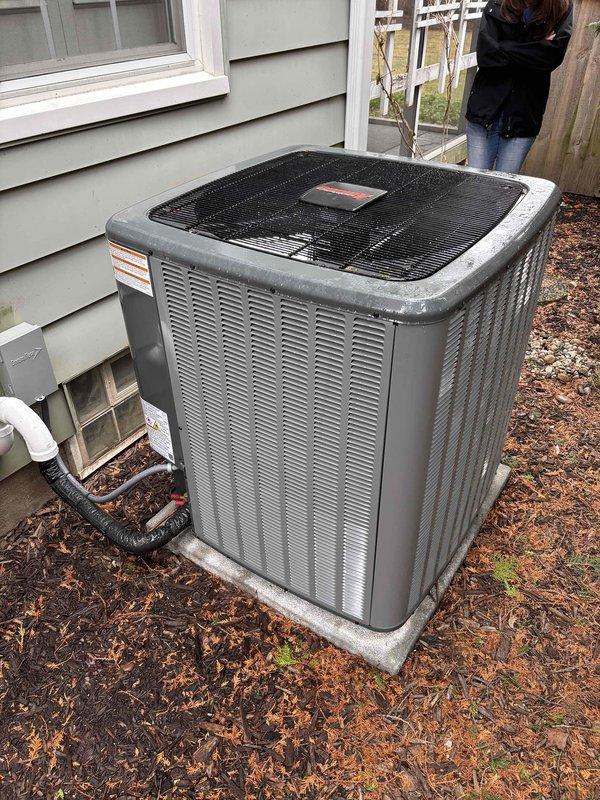 Performed annual heating maintenance on Amana HVAC system. Inspected outdoor condenser unit which is properly installed on concrete pad with adequate clearance. System is operational with no visible damage or deterioration noted.