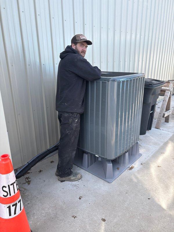 Completed installation of new furnace, air conditioning system, and two unit heaters as scheduled. System was properly mounted on concrete pad with all connections secured according to manufacturer specifications. Customer financing was processed and documentation completed with proper identification verified.