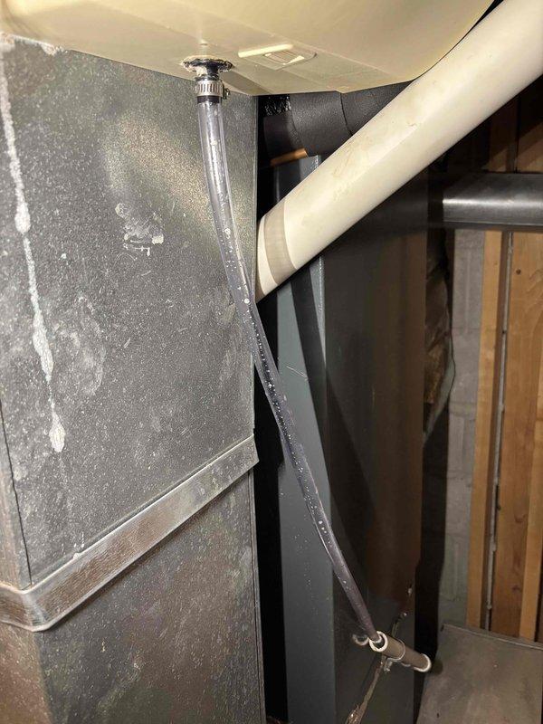 Performed annual heating maintenance on a 9-year-old Energy Furnace under club membership, including system tune-up and humidifier service. Inspected unit showing normal dust accumulation and proper condensate drainage through clear tube; system appears functionally sound with no immediate concerns noted. All maintenance completed according to manufacturer specifications with service warranty valid until 10-10-2026.