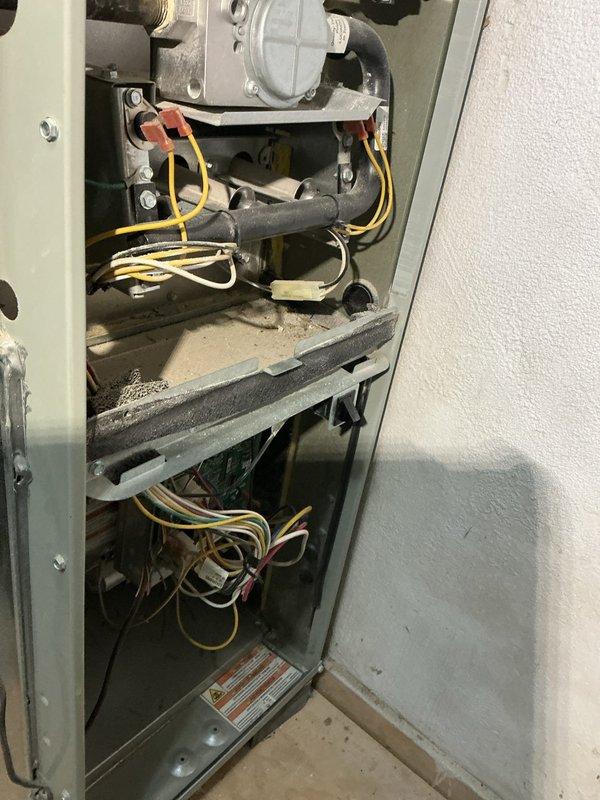 Performed annual furnace tune-up on 8-year-old American Standard system as requested. Inspected interior components including gas valve assembly, electrical connections, and mechanical parts. Noted normal dust accumulation consistent with age of unit; cleaned accessible components and verified proper operation of heating system.