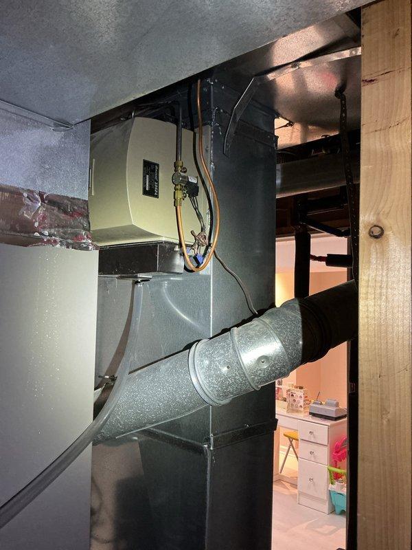 Performed annual furnace tune-up on 4-year-old Lennox system under Choice home warranty. Inspected basement installation including main unit, ductwork, control box, and copper connections. System showing normal wear but functioning properly; no issues identified during comprehensive maintenance service.
