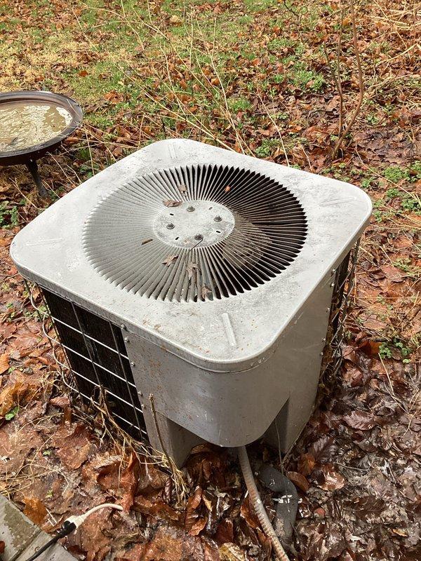 Responded to service call regarding severed AC line. Upon inspection, found Airquest outdoor unit (approximately 24 years old) with disconnected refrigerant line that had been accidentally cut during previous service work. Evaluated damage and performed necessary repairs to restore system functionality. Unit showed signs of age and weathering but was returned to operational status.