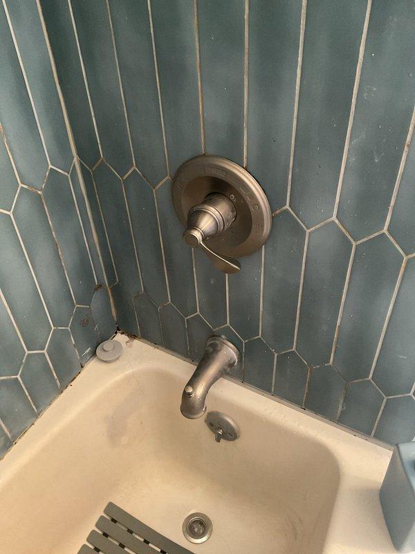 Inspected leaking gate valve above water heater and examined bathroom plumbing. Evaluated shower diverter valve showing signs of calcium buildup around cartridge stem. Observed shower/tub combination with minor water staining and assessed functional condition of fixtures.