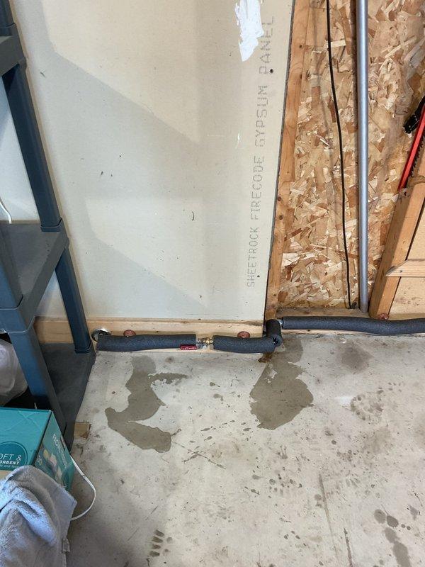 Successfully installed Uponor line for garage spigot, running the piping through unfinished basement area with proper connections and valves. Work included routing through OSB wall sections and securing to structural elements, completing the 3-hour quoted repair with full functionality verified.