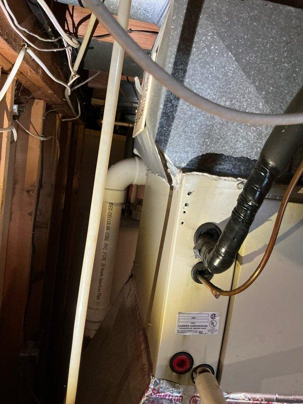 Inspected 10+ year old furnace in response to reported noise from condensate pump and no heat condition. Visual examination of the HVAC system revealed proper installation with PVC ventilation pipes and connected ductwork. Identified and addressed the malfunctioning condensate pump causing the noise issue and restored proper heating function to the system.