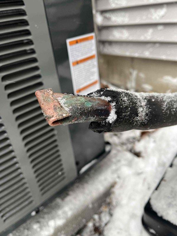 Completed final phase of AC installation that had been initiated previously. Observed and documented severe copper line deterioration with significant corrosion, frost accumulation, and compromised insulation on refrigerant piping. Full payment was previously collected as noted on the punch list.