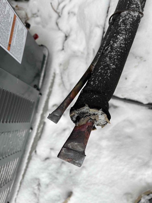 Completed final phase of AC installation that had been initiated previously. Observed and documented severe copper line deterioration with significant corrosion, frost accumulation, and compromised insulation on refrigerant piping. Full payment was previously collected as noted on the punch list.