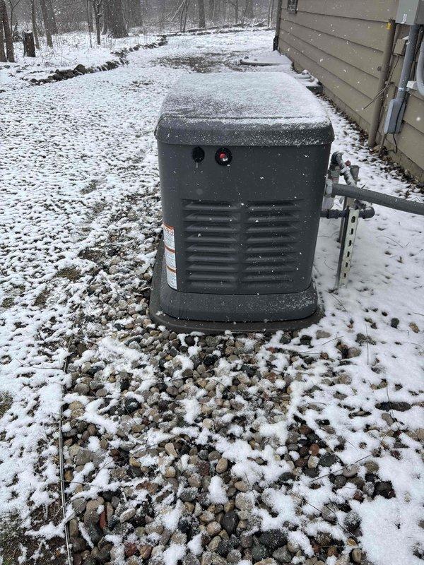 Responded to service call for a Honeywell generator (model WT 5-2027) with a gas line leak at connection point. Inspected the Chicago Fittings Corporation gas line component (part IR-270) where it enters the ground. Repaired leak at connection point to ensure safe operation of the standby home generator system during winter conditions.